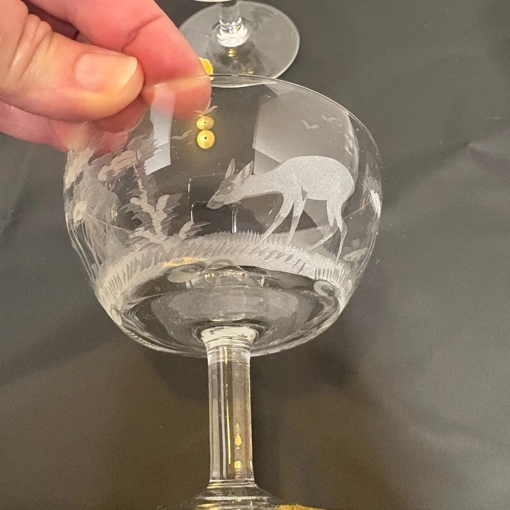 Vintage Etched East Germany Crystal Coupe Set Hunting/Wildlife Scene